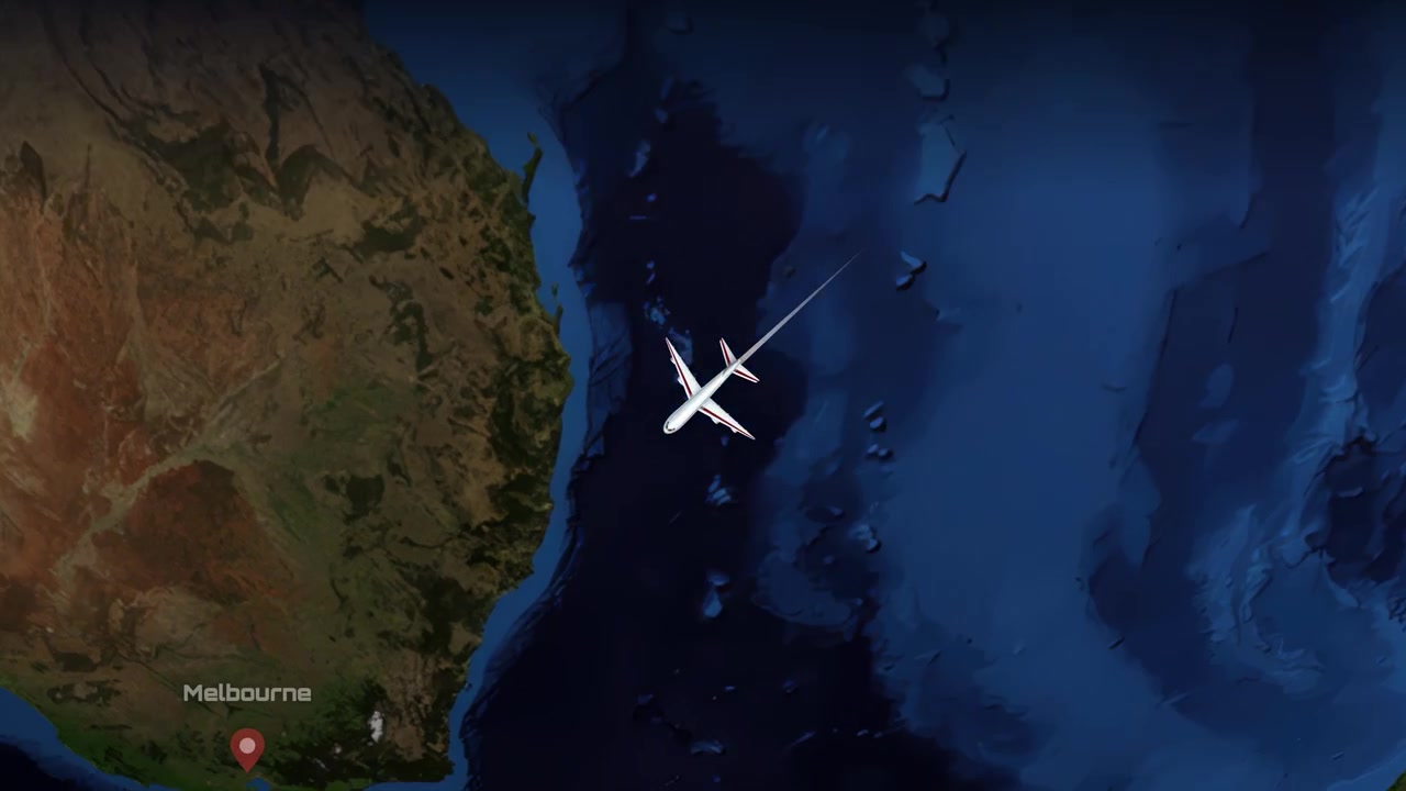 A digital animation tracks a commercial airplane flying across the Pacific Ocean between two continents