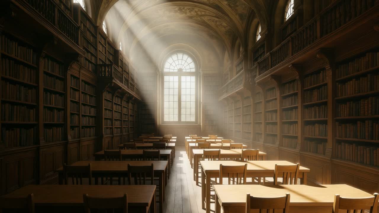 Wide-angle shot of a grand, vintage library with wooden shelves and tables, capturing a serene