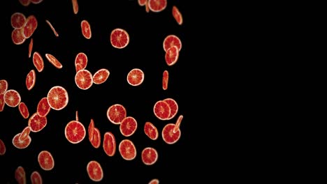 flying many dried oranges on black background. dehydrated fruits, food concept. 3d animation of sliced fruits oranges rotating. loop animation.