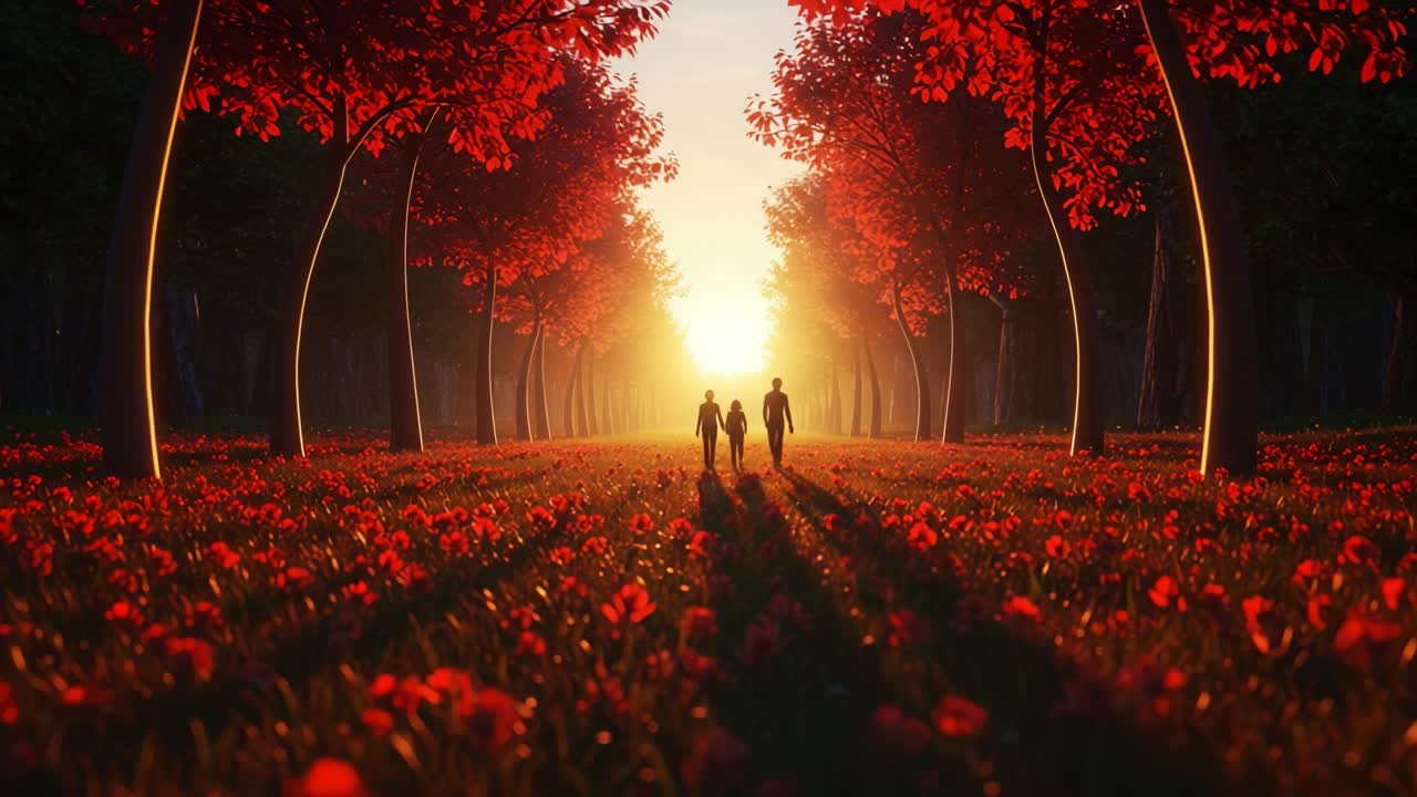 A Serene Autumn Walk Through a Vibrant Forest of Crimson Trees and Blooming Flowers as the Sun Sets, Casting Long Shadows on the Ground