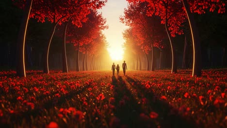 a serene autumn walk through a vibrant forest of crimson trees and blooming flowers as the sun sets, casting long shadows on the ground