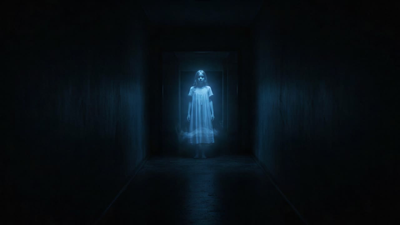 A Mysterious Figure in a Ghostly White Dress Stands Alone in a Dark Hallway, Evoking an Eerie and Haunting Atmosphere with Dim Lighting and Shadows