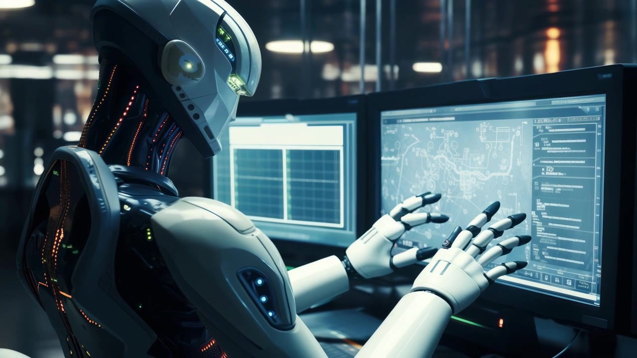 Advanced Humanoid Robot Working on Computer Systems in High-Tech Laboratory