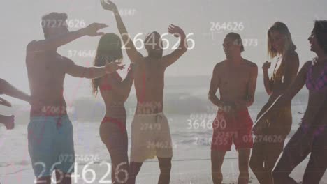 Multiple-changing-numbers-against-group-of-diverse-friends-dancing-and-enjoying-on-the-beach