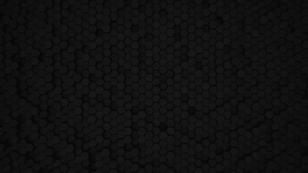 Abstract Hexagon Geometric Surface Loop 5 Black: dark minimal hexagonal grid pattern animation in deep midnight black. Clean background with glossy black hexagon shapes. Space grey. Dramatic feel