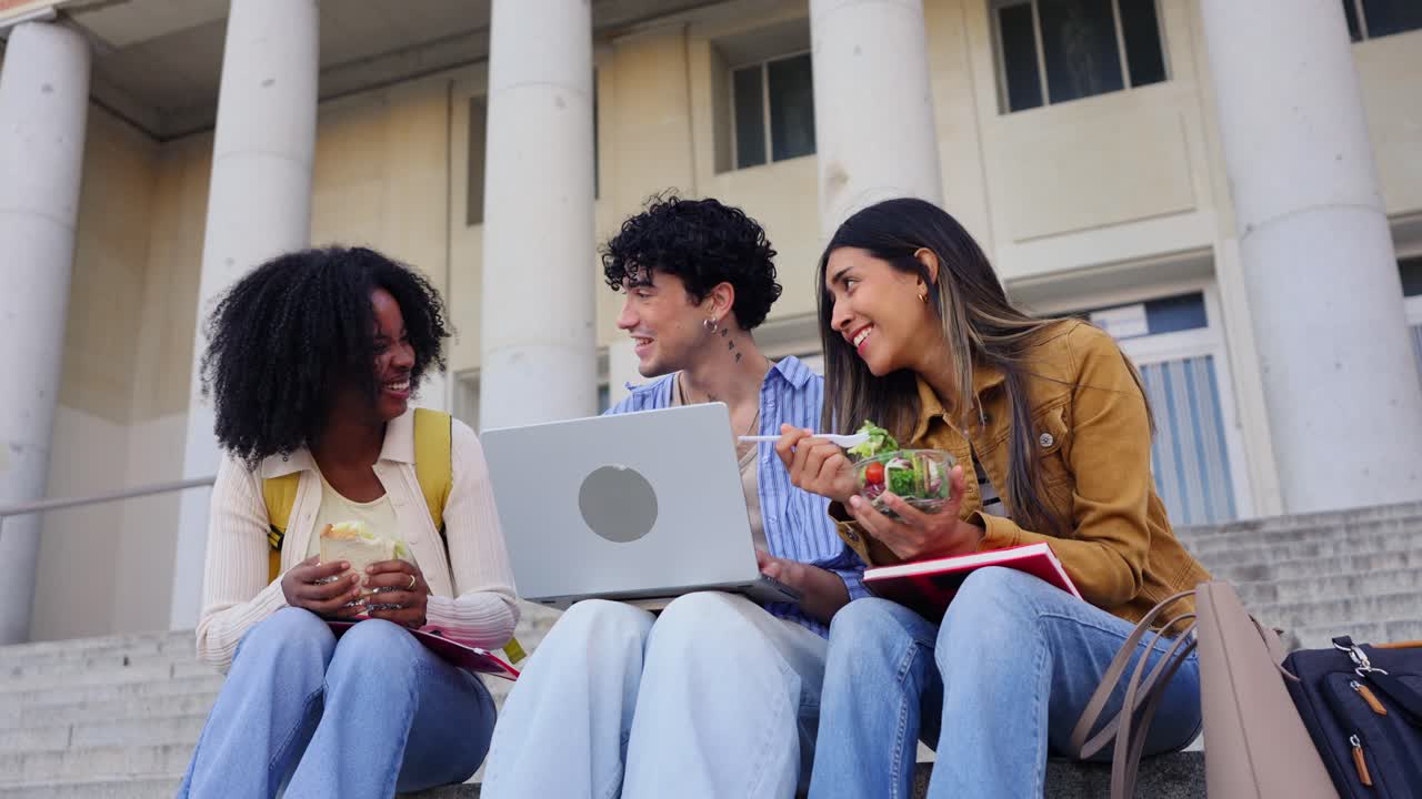 College Students Studying and Eating Lunch on Campus