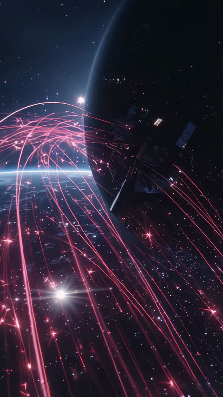 Vertical video: Sending pink trails after sunrise flare from horizon past planet limb to satellite