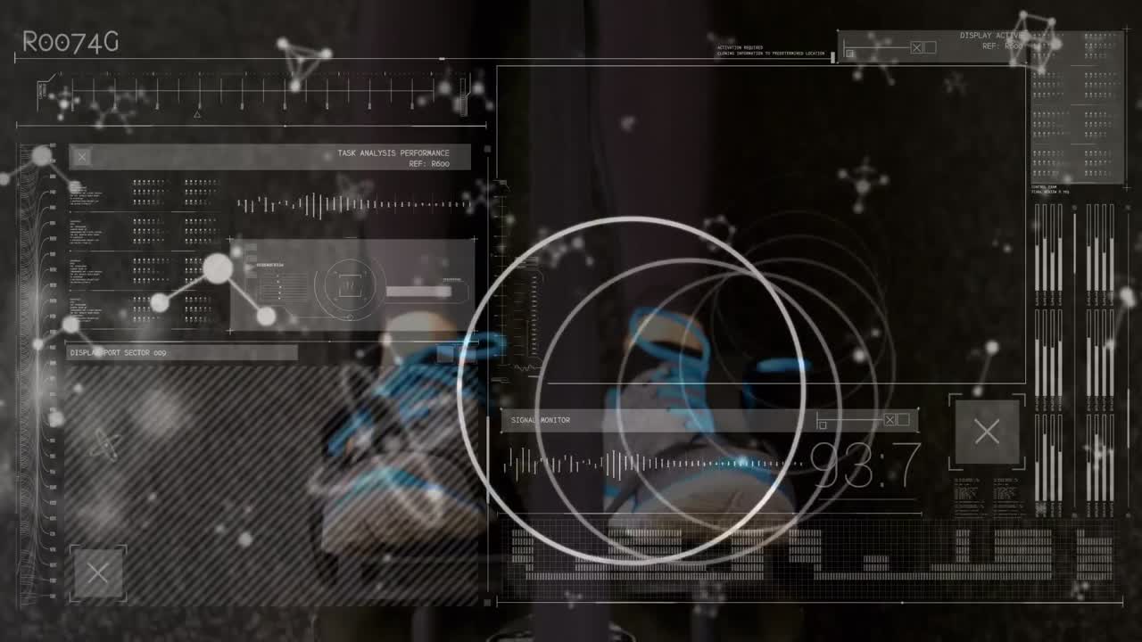 animación de moléculas sobre pantalla con datos científicos y entrenamiento de hombre caucásico en el gimnasio