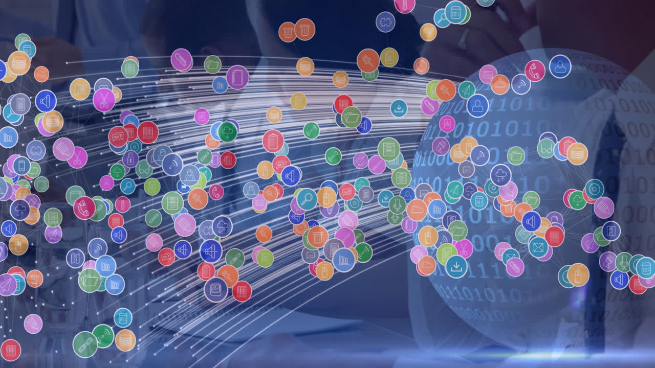 아이콘, 글로브 및 바이너리 코딩으로 연결된 네트워크의 애니메이션 비즈니스 사람들