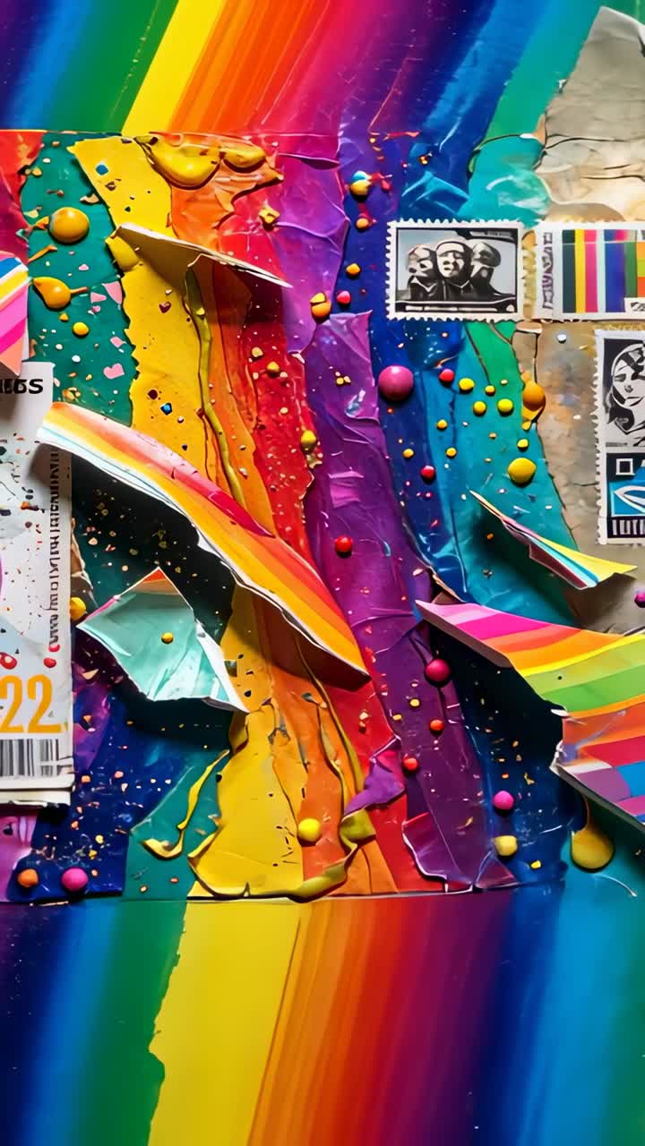 Vertical video: Gliding camera showcasing rainbow collage in studio with ephemera and metal paint