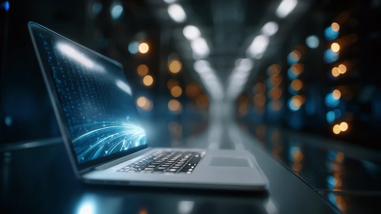 A sleek laptop showcasing dynamic digital graphics in a futuristic data center environment, emphasizing modern technology and digital data representation