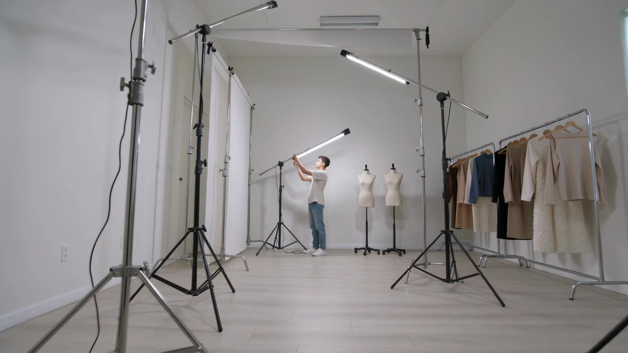 Assistente di studio in maglietta grigia e jeans che regola e orienta una luce tubolare a LED per illuminare i manichini