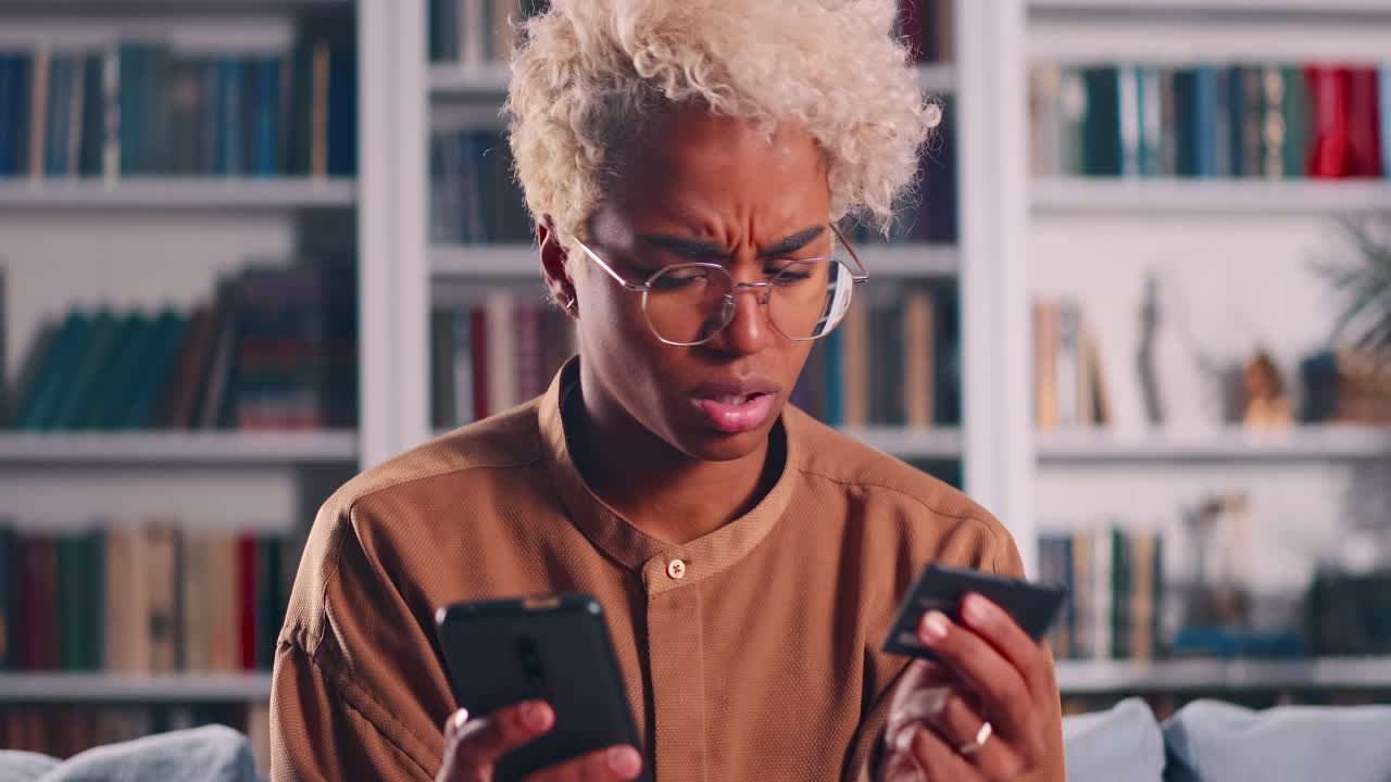 African american woman experiences problems due no money insecure online payment