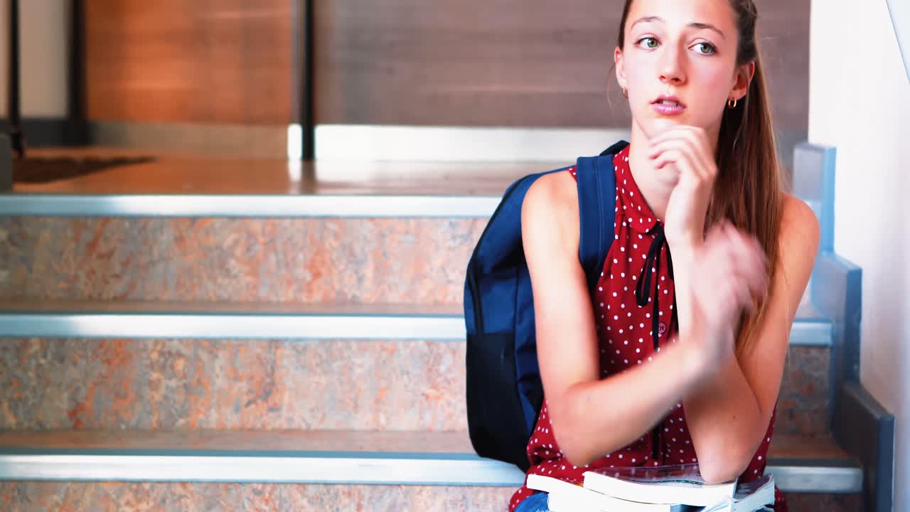 계단 위에 혼자 앉아 있는 슬픈 여학생