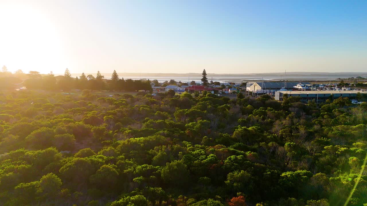Aerial view of Bellarine Peninsula at sunrise, showcasing vibrant greenery and coastal scenery with warm, golden lighting