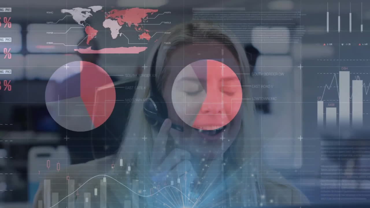 animación de estadísticas y procesamiento de datos financieros sobre empresaria caucásica en el cargo