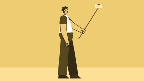 el personaje plano del hombre de estilo amarillo caminando con un palo de selfie. animación de bucle aislado con asuntos alfa