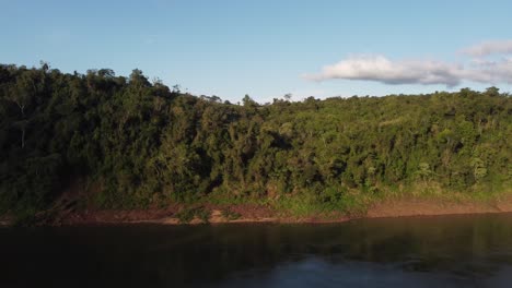 Lush-banks-of-Iguazu-river-in-sunny-day-at-Brazil-and-Argentina-border,-Aerial-sideways