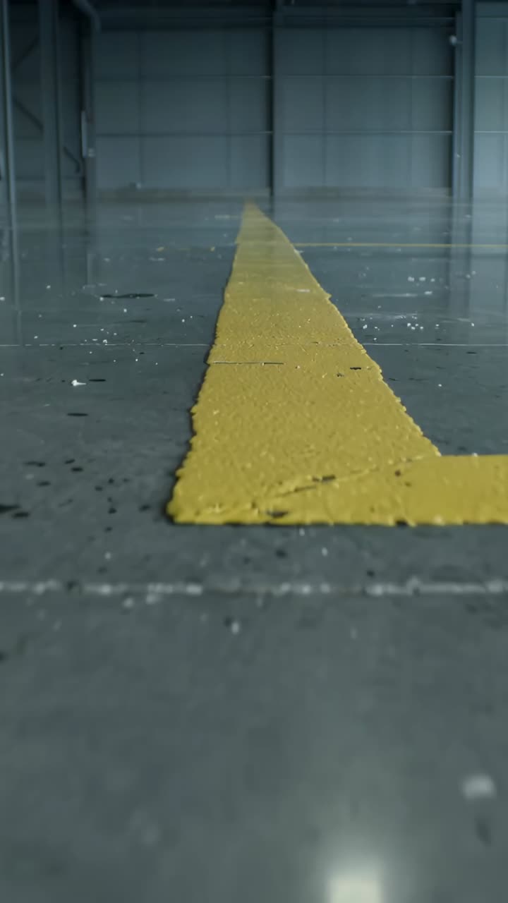 Vídeo vertical: primer plano con la cámara en movimiento sobre un suelo de hormigón brillante, que revela una línea amarilla