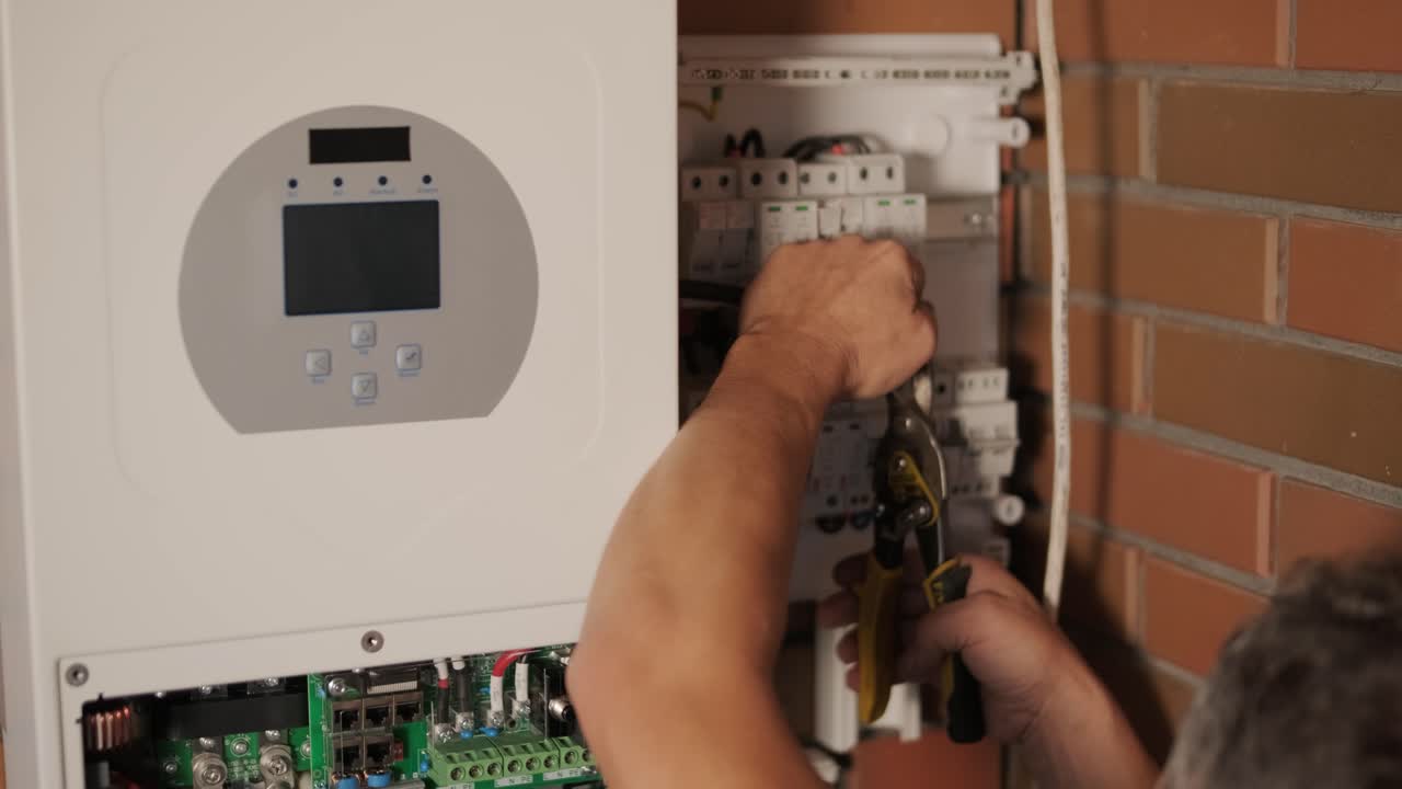 An electrician installing an inverter in a home. The image shows technical skill, modern tools, and attention to safety in electrical work