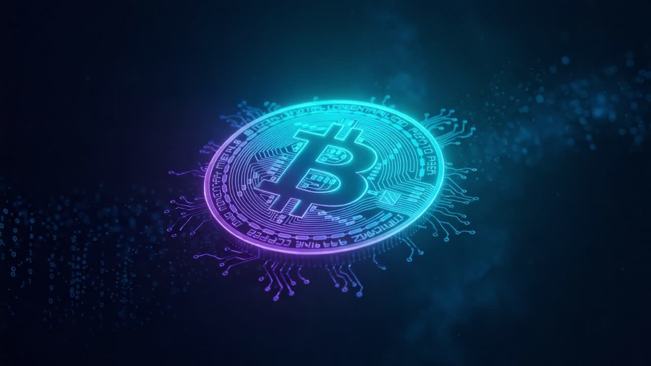 Illuminated Digital Bitcoin Symbol Surrounded by Vibrant Circuitry, Representing the Future of Cryptocurrency and Blockchain Technology in a High-Tech Environment