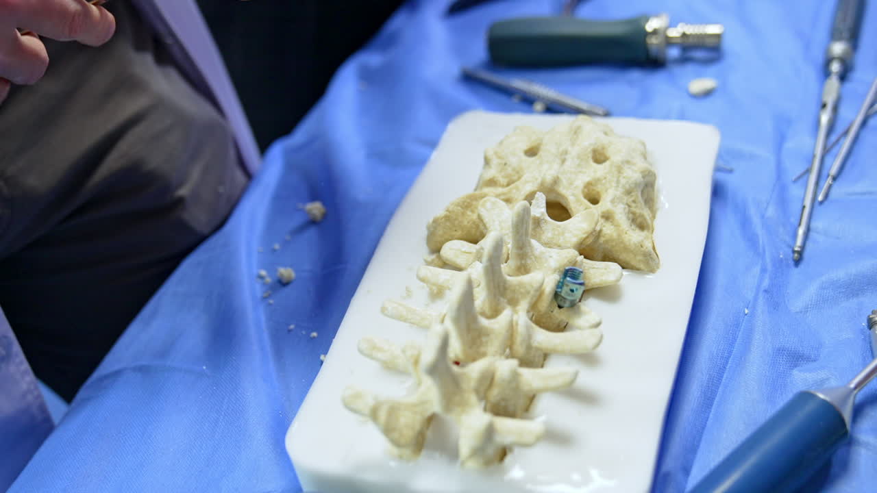 Male hands apply metal instrument to pinch off the pieces of spine dummy. Close up. Professional displays the usage of tool for medical students.
