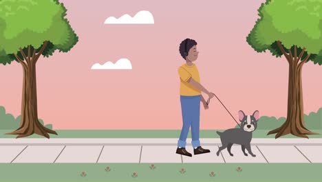 bulldog francés con dueño en la animación del parque