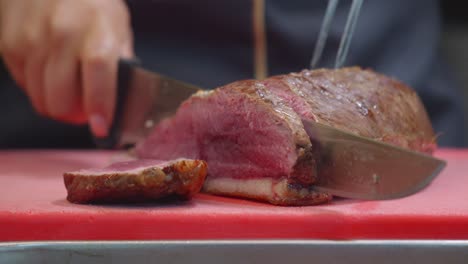 cutting beef steak close up