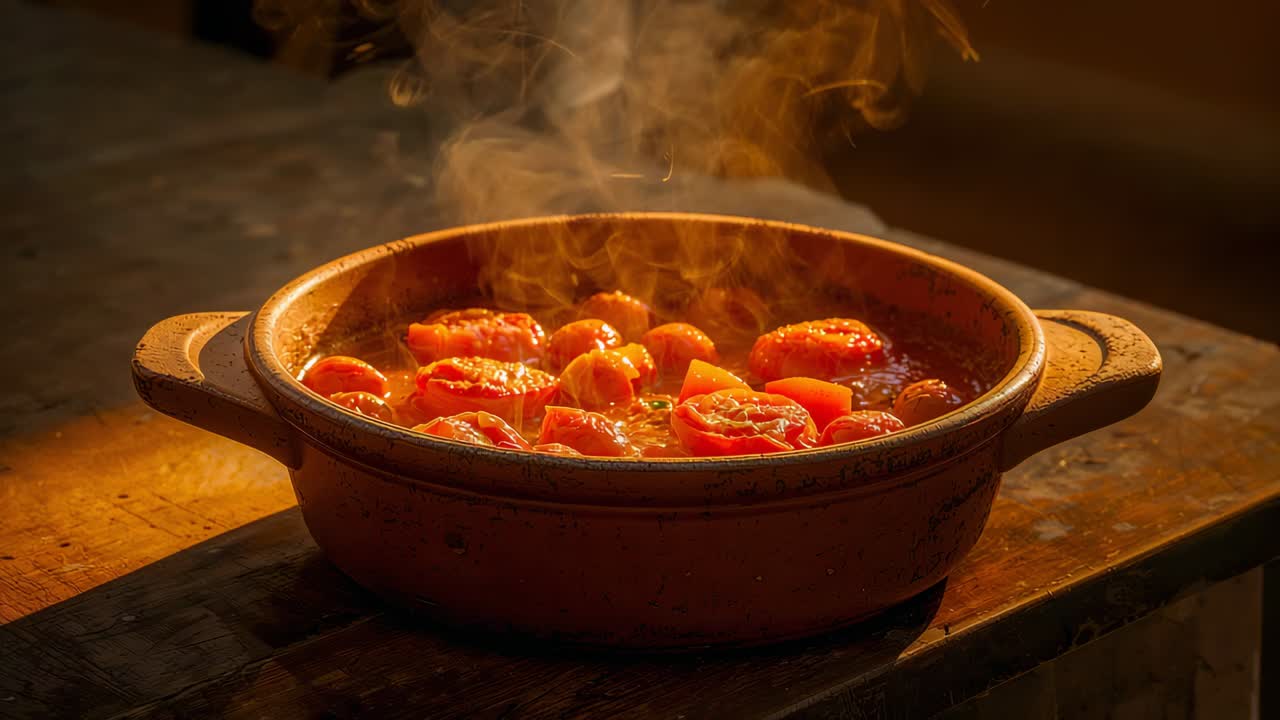 Olla de barro hirviendo a fuego lento con tomates partidos a la mitad, iluminada por una llama baja, con vapor ascendente sobre una mesa de madera para preparar salsa.