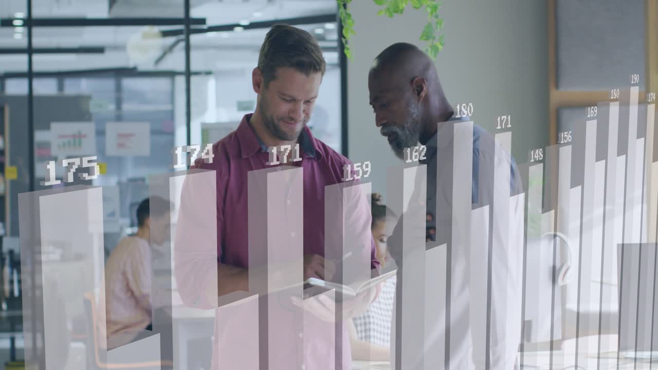 Two men flipping pages, writing, pointing at phone, moving chart, closing notebook for tech
