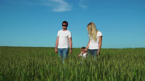 walking family in the field with one child in white t-shirts