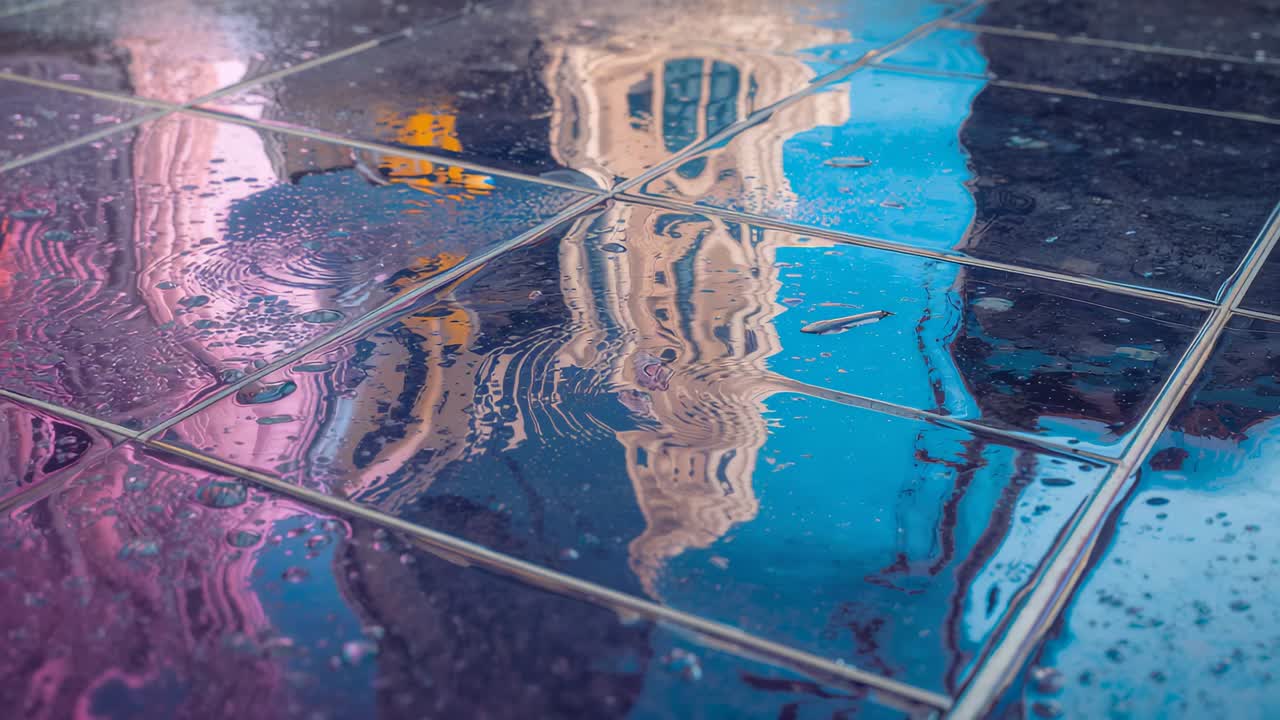 Raindrops from light rain striking puddle on glazed tiles, reflection of beige building warping