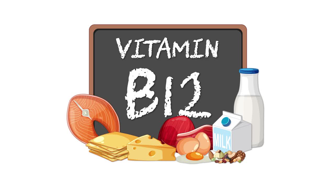 Beyaz arka planda B12 Vitamini metni olan ve etrafı resimli besin kaynakları ile çevrili kara tahta görünür