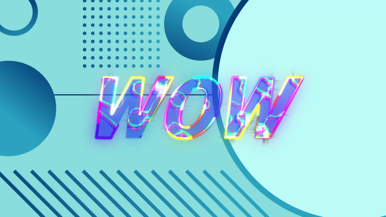 Animazione di un banner di testo "wow" con effetto fulmine su forme astratte su sfondo blu