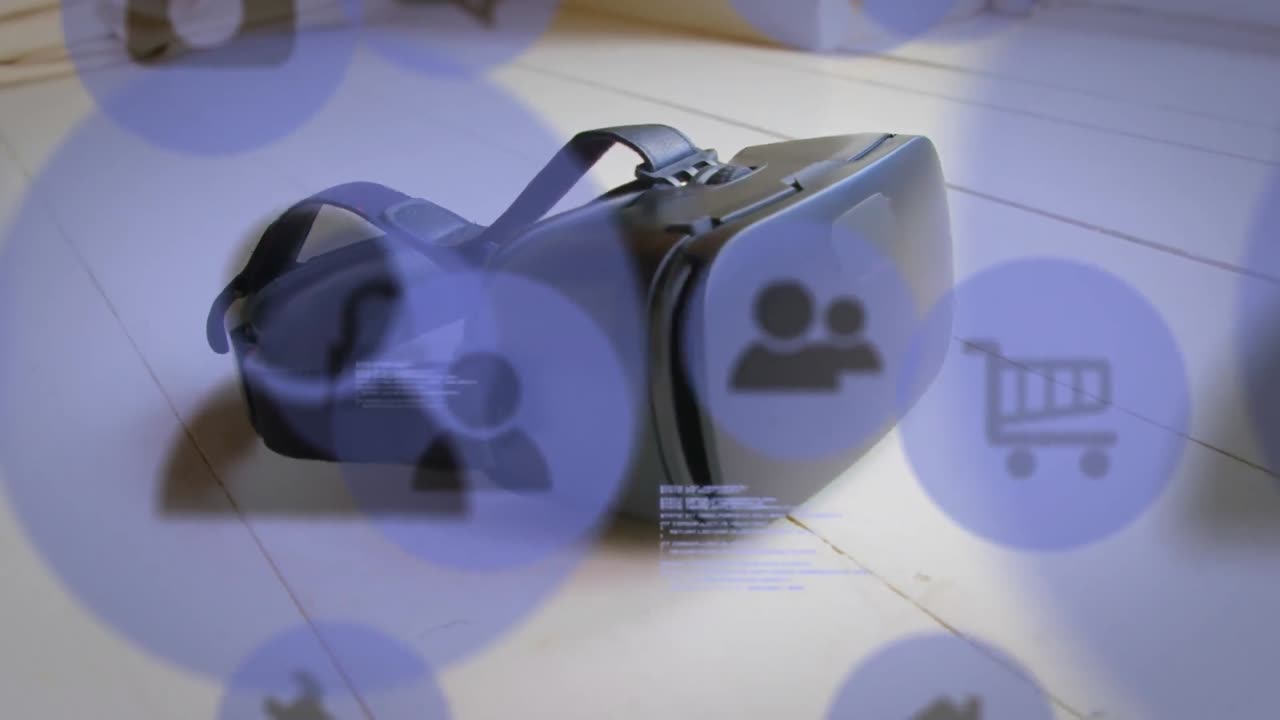 animación de múltiples íconos digitales y procesamiento de datos contra el primer plano de un auricular vr.