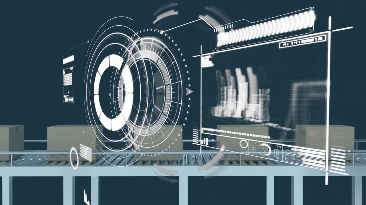 파란색 배경에 대한 컨베이어 벨트에 있는 여러 상자에서 데이터 처리를 하는 디지털 인터페이스