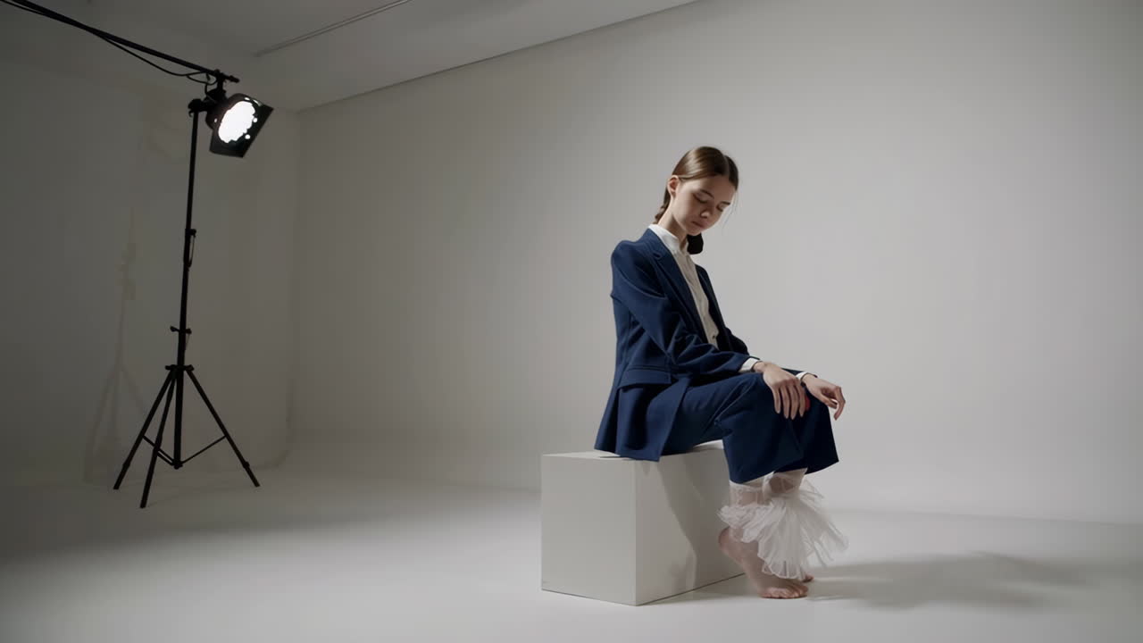 Elegant Woman in Blue Suit Sitting on a White Cube in a Studio