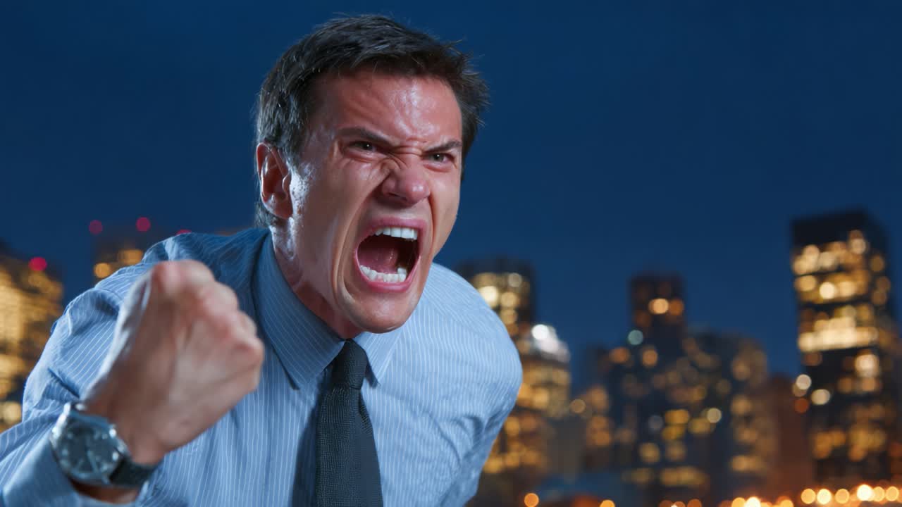 A Man Expressing Intense Anger and Frustration While Standing in an Urban Setting, Highlighted by the Nighttime Cityscape and Vibrant Background Lights