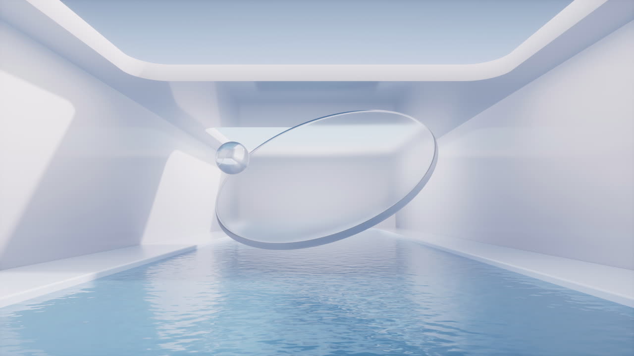 안쪽에 물이 있는 유리 기하학, 3d 렌더링