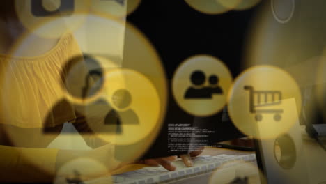 animation of african american woman working with headphones over black and yellow icons moving