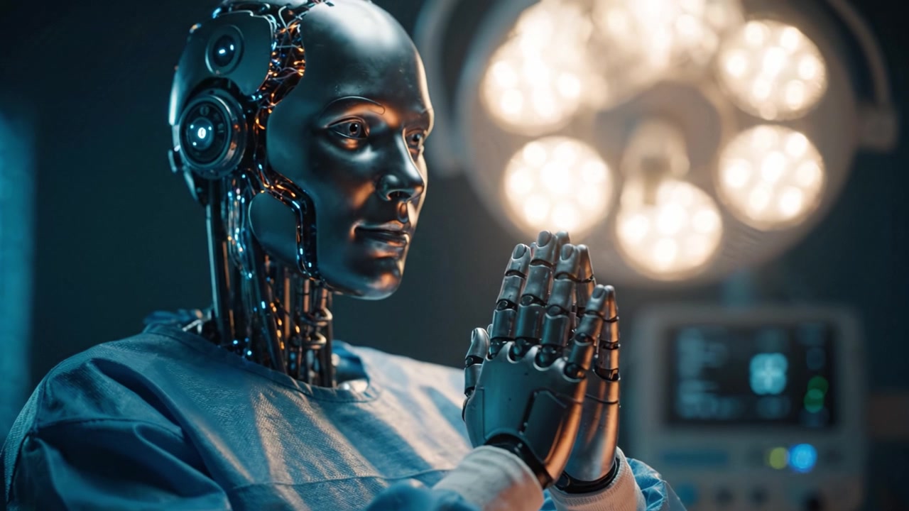 Assistente medico robotico futuristico in sala operatoria che mostra tecnologia avanzata e funzionalità umanoidi, con luci chirurgiche sullo sfondo.