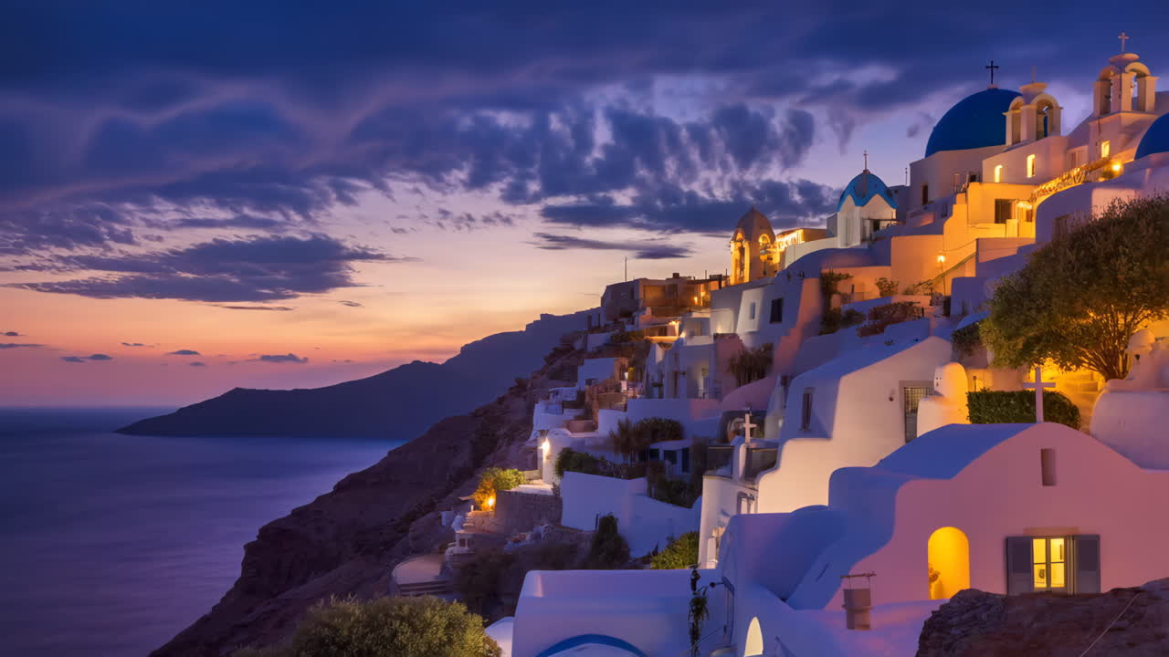 Twilight over Oia Village in Santorini, Greece
