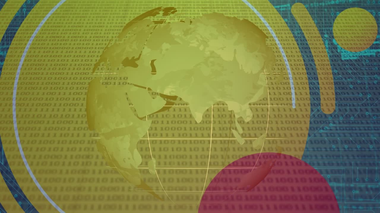 Animation of data processing and globe over shapes and computer circuit board