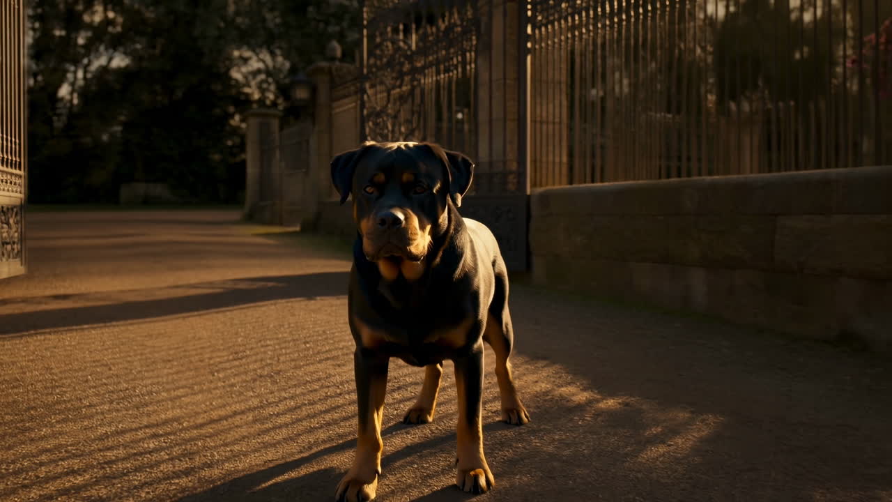 Rottweiler in piedi su pavimentazione illuminata dal sole vicino a un cancello di metallo ornato, ombre crepuscolari si allungano sul terreno, attento.