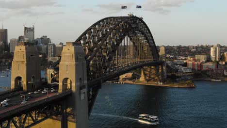 aerial shot of sydney harbor bridge and panoramic view over bay