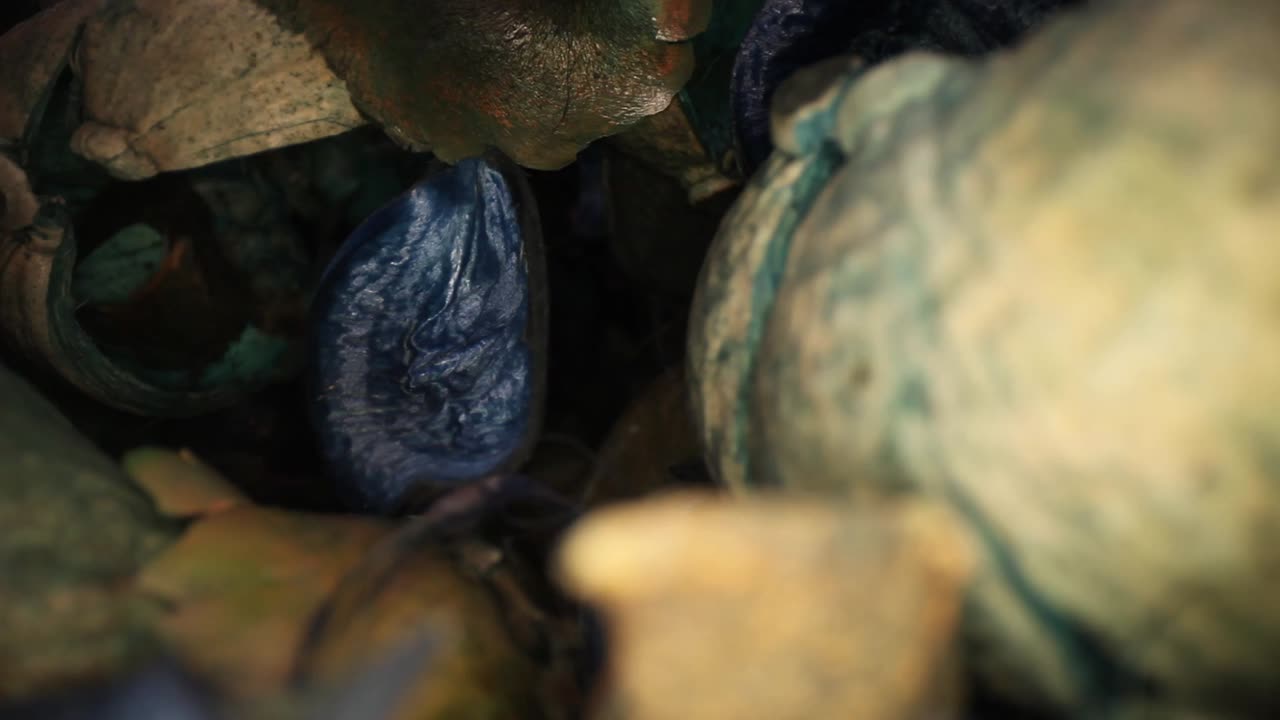 다채로운 포푸리 조각이 담긴 깊은 꽃병에서 천천히 빠져나옵니다