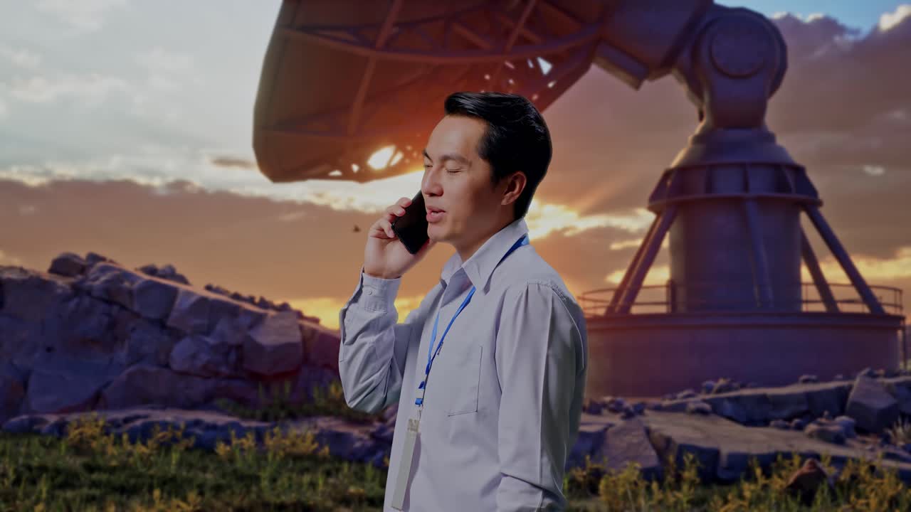 Side View Asian Male Professional Worker Standing With Large Satellite Dish, He Pick The Phone Up And Started To Specking To It With A Slicely Smile