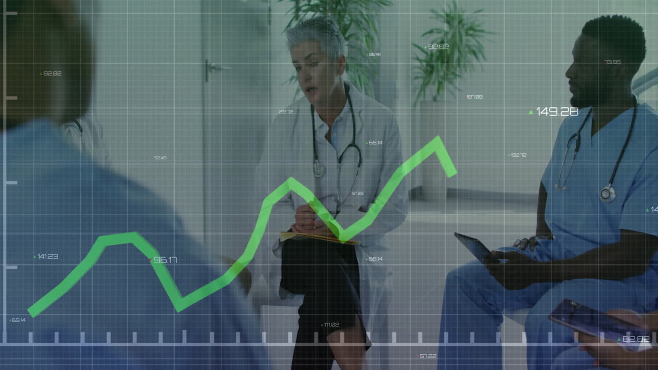 Discussing financial graph, doctors in medical consultation with animation in office