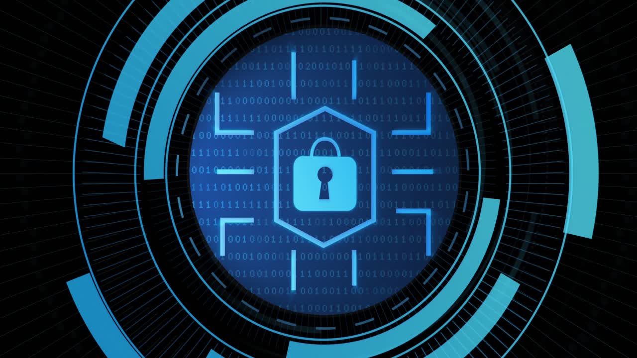 animación de un candado digital en el círculo de procesamiento sobre fondo negro