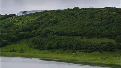 Lapso-De-Tiempo-Del-Paisaje-Natural-De-Las-Colinas-Y-El-Lago-En-Un-Día-Nublado-En-Irlanda